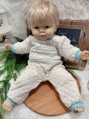 Plush Baby Doll in Cream with Blue Trim